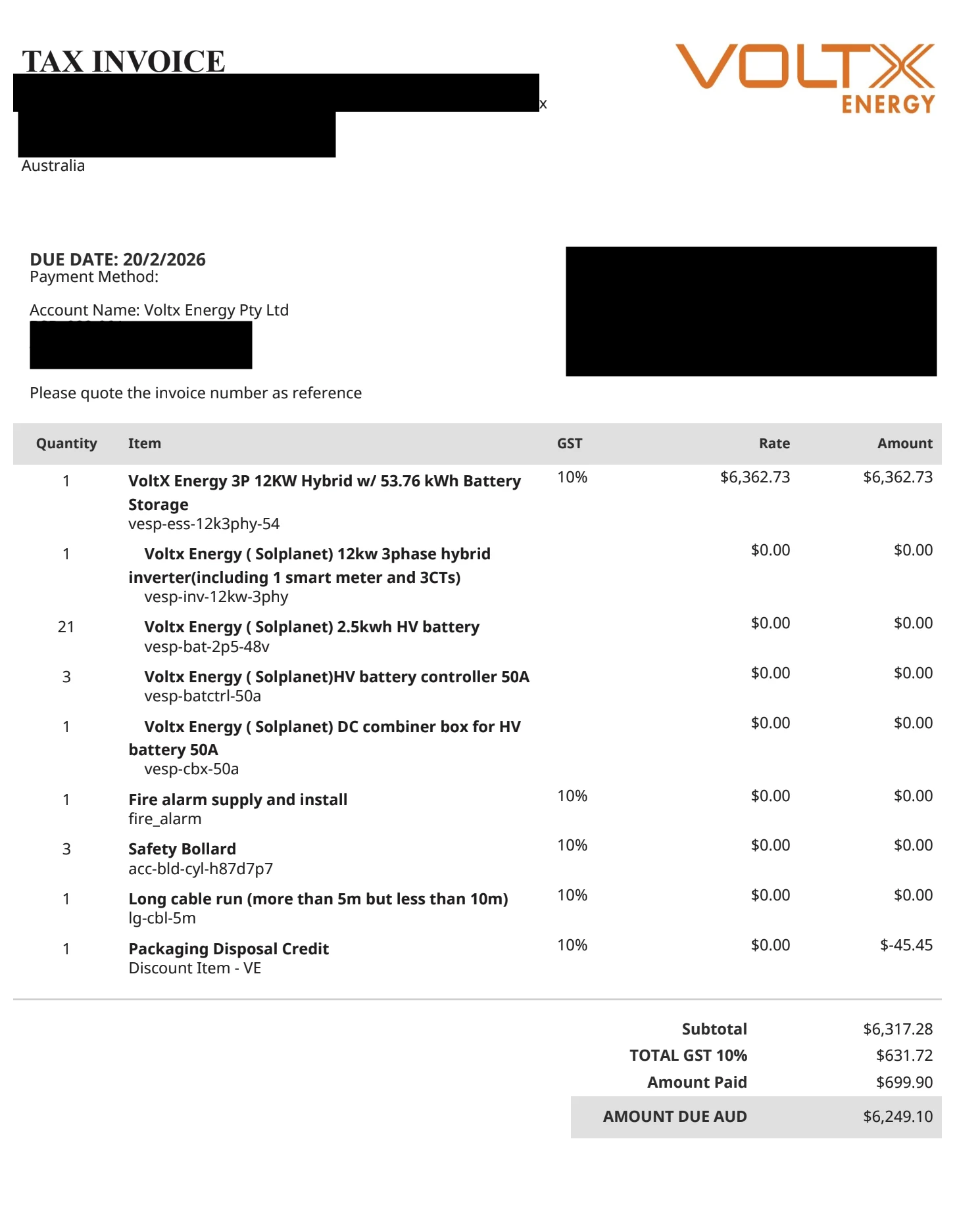 Privacy-redacted battery invoice showing a 12kW hybrid inverter, 53.76kWh battery storage and a total invoiced price of $6,949. Click to view full size.
