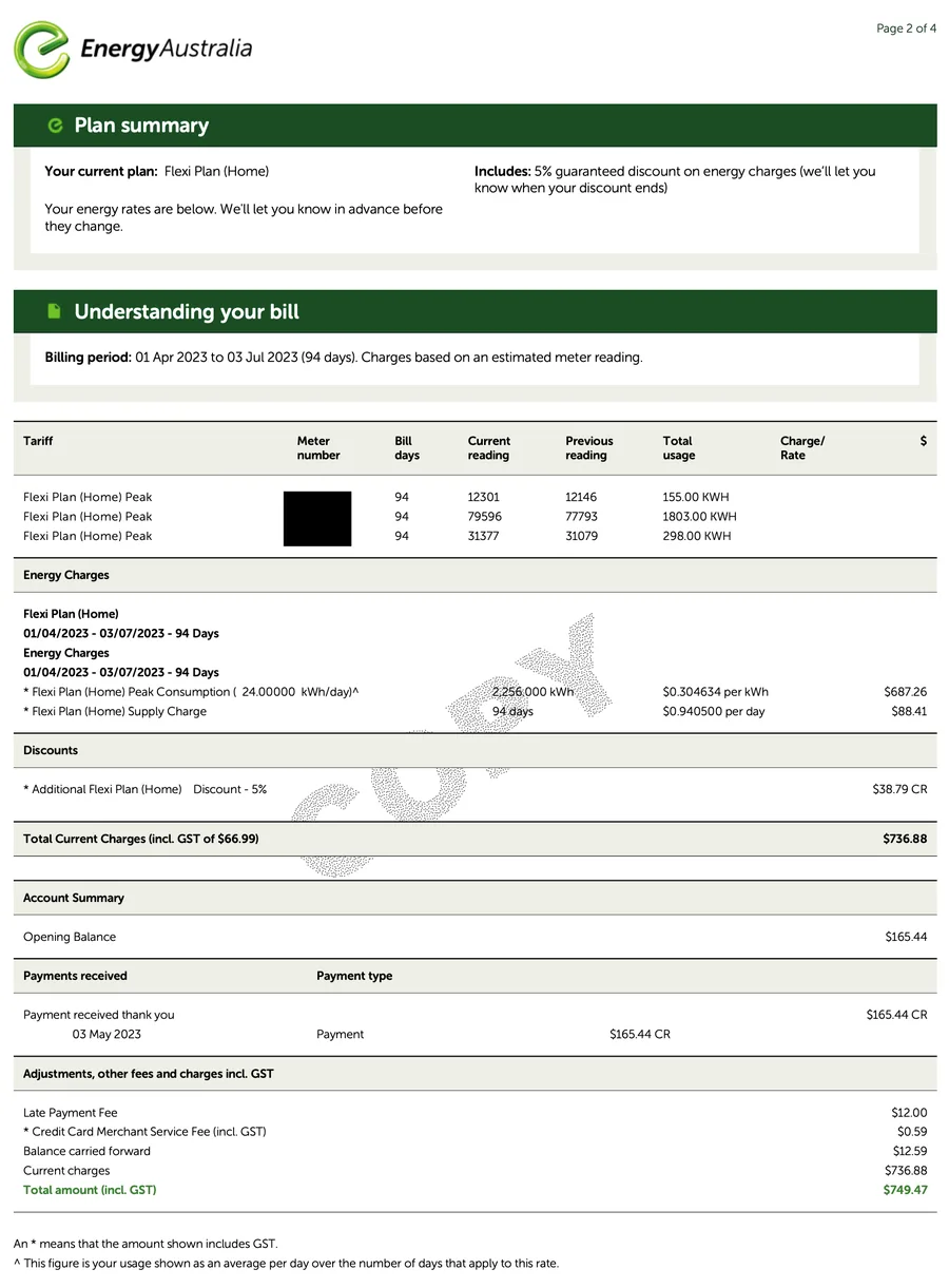 Bill for 01 Apr – 03 Jul 2023 — $749.47