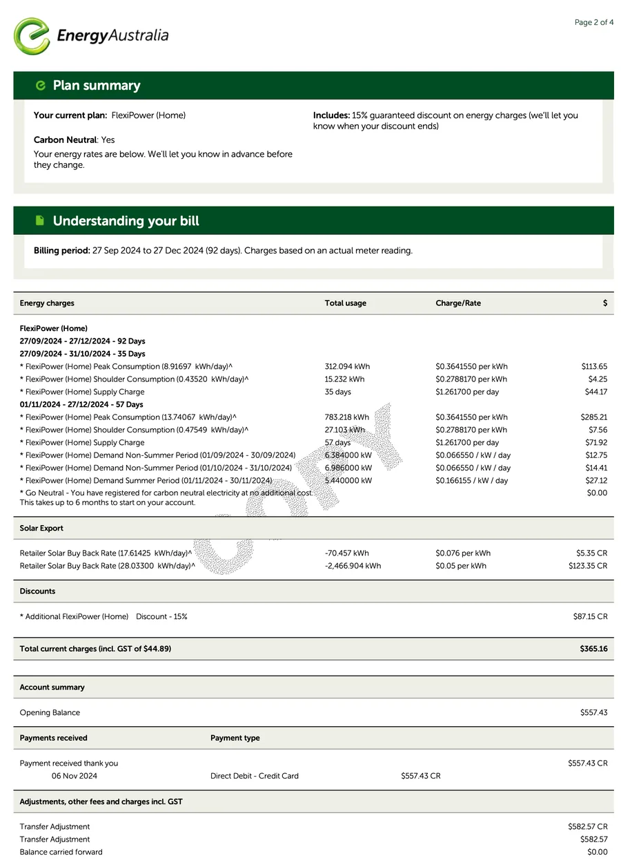 Bill for 27 Sep – 27 Dec 2024 — $365.16
