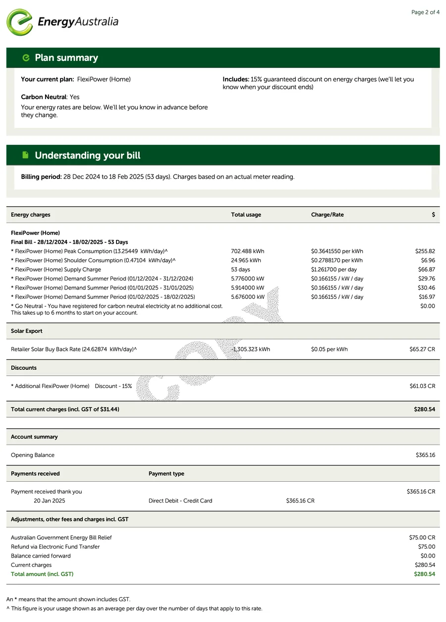 Bill for 28 Dec 2024 – 18 Feb 2025 — $280.54