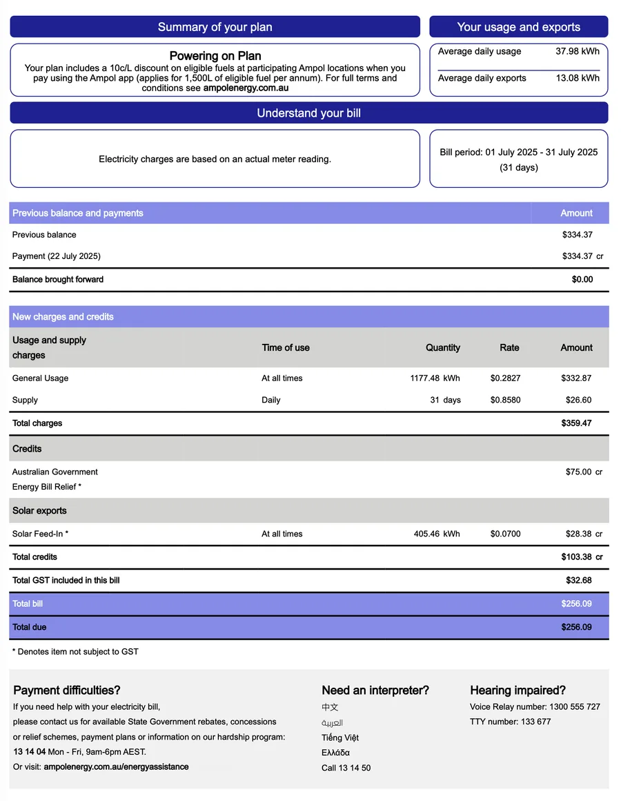 Bill for 01 Jul – 31 Jul 2025 — $256.09