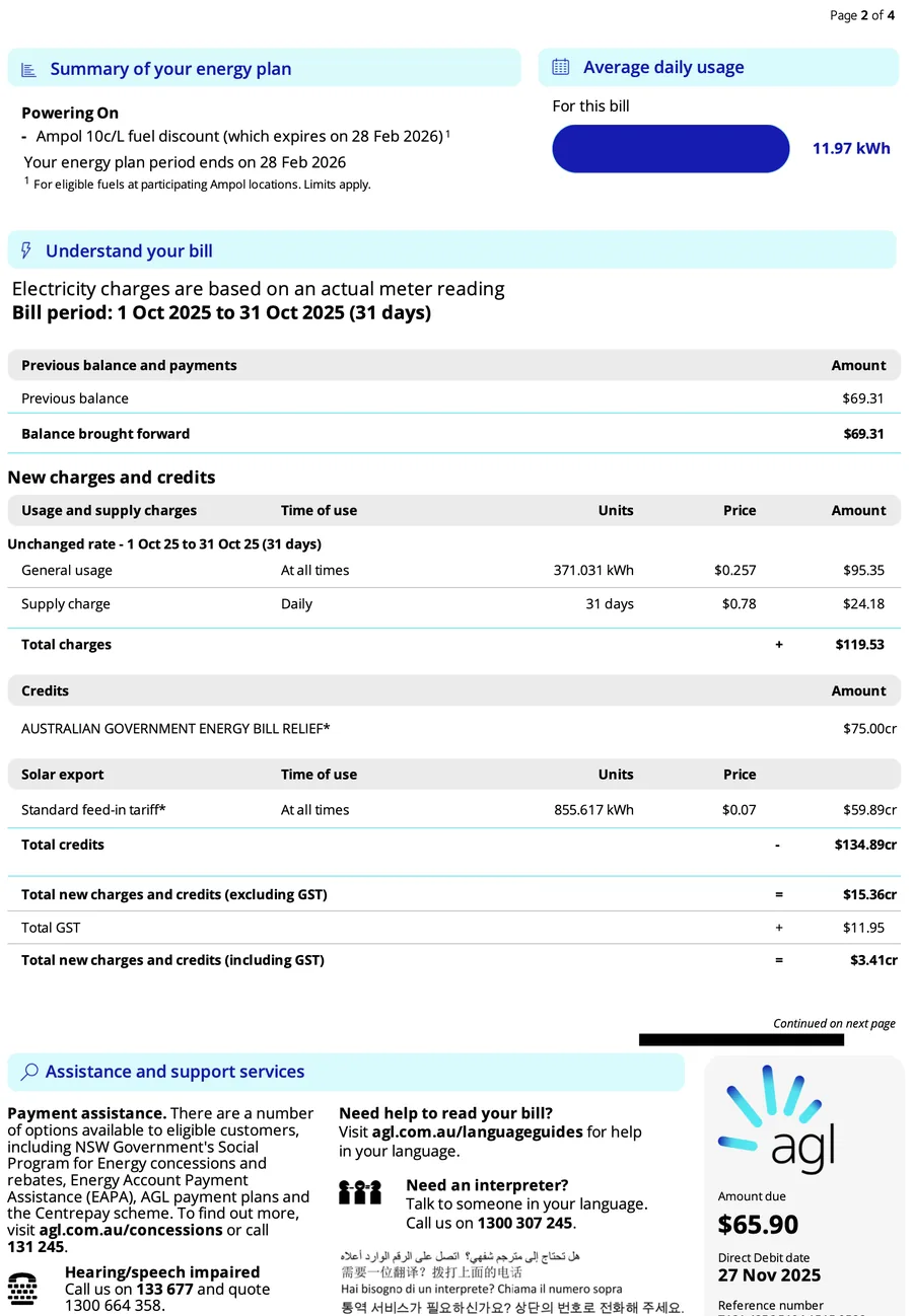 Bill for 01 Oct – 31 Oct 2025 — $65.90