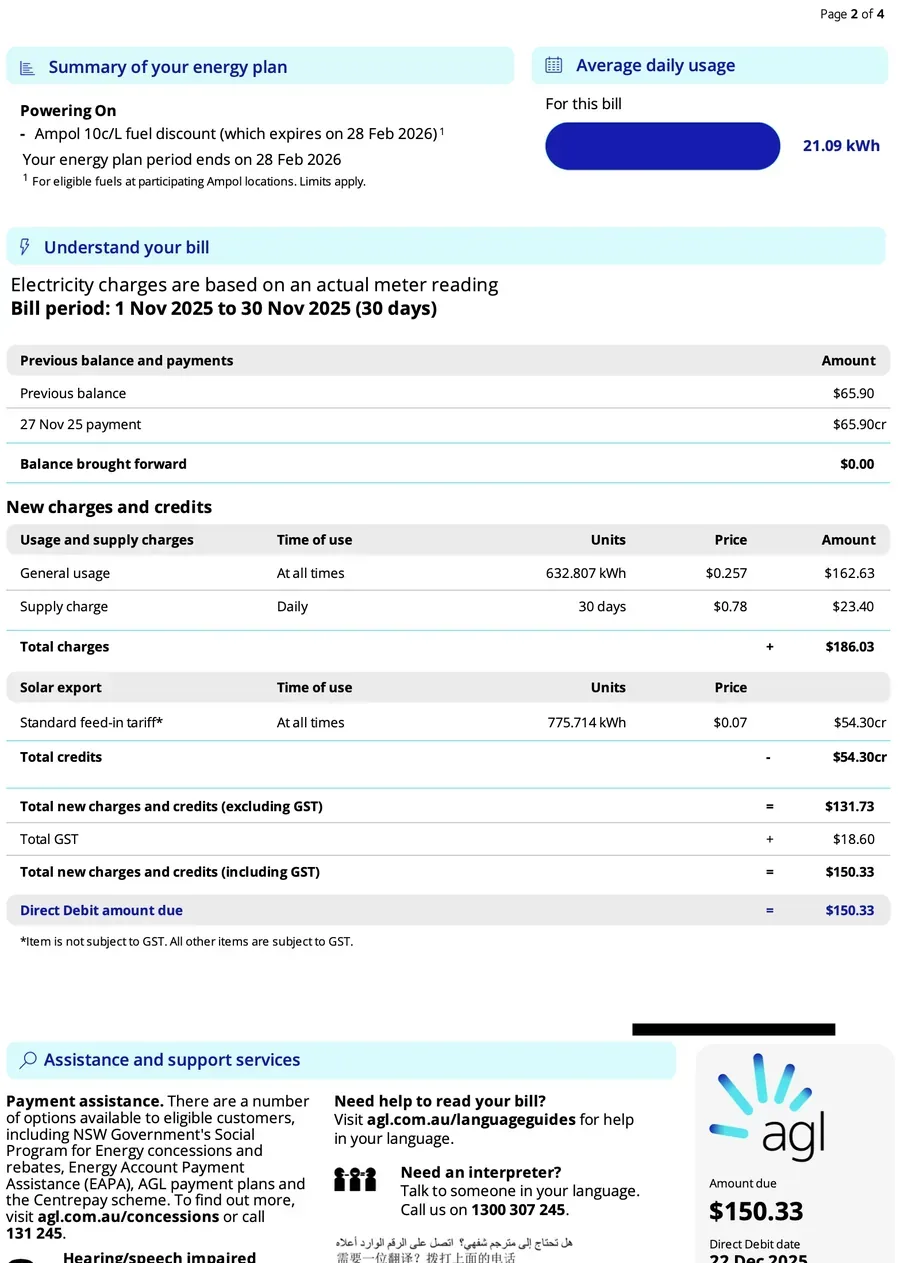 Bill for 01 Nov – 30 Nov 2025 — $150.33