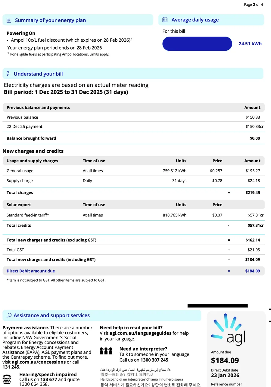 Bill for 01 Dec – 31 Dec 2025 — $184.09