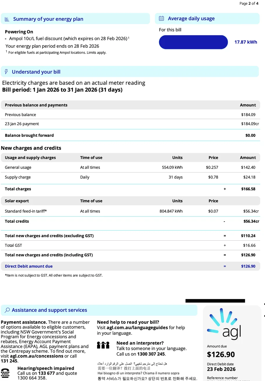 Bill for 01 Jan – 31 Jan 2026 — $126.90