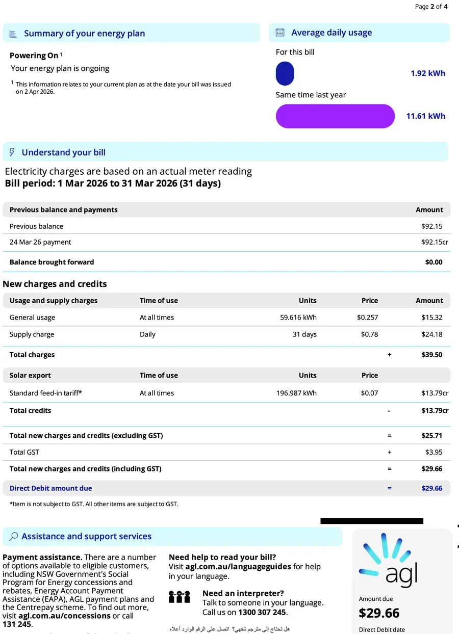 Bill for 01 Mar – 31 Mar 2026 — $29.66