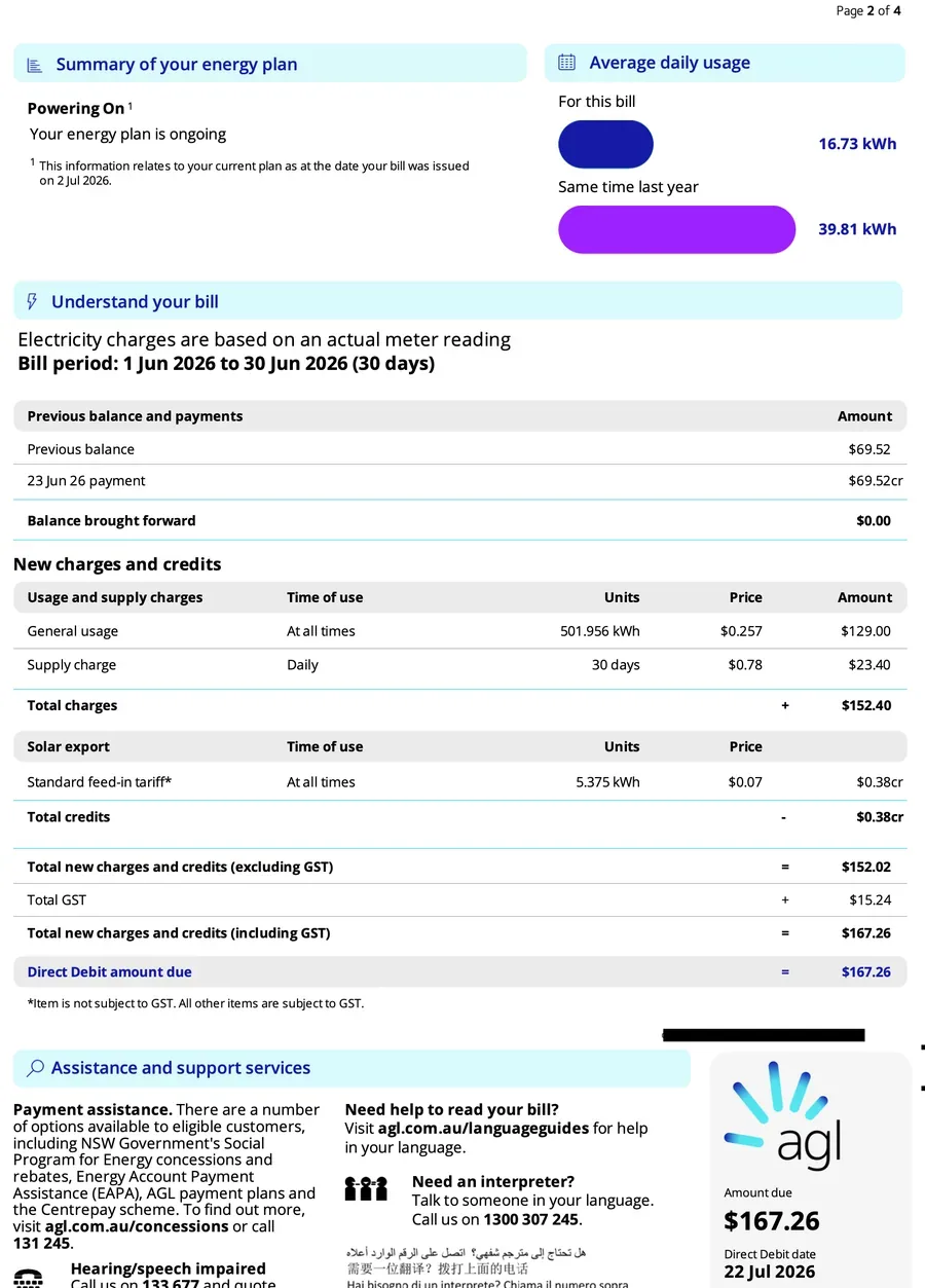 Bill for 01 Jun – 30 Jun 2026 — $167.26